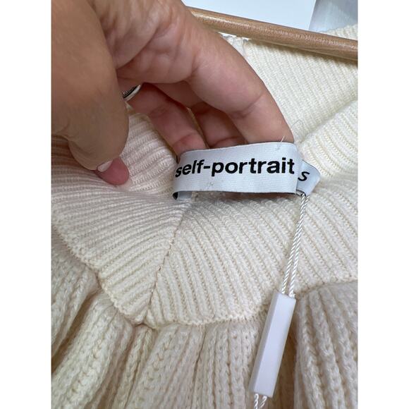 NWT Self-Portrait Striped Off Shoulder Ribbed Ruffled Cream Long Sleeve Sweater - Picture 6 of 8